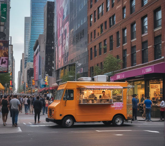A colorful food truck on a busy city street, attracting customers with delicious aromas and vibrant signage.