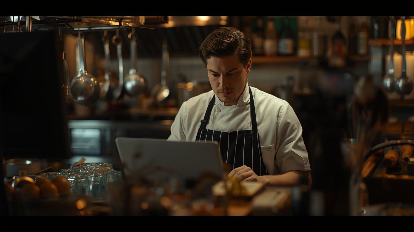 Chef studies laptop in small kitchen surrounded by ingredients, pans, and warm lighting.