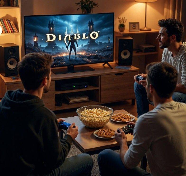 cozy game night setup with friends playing Diablo on a large screen and sharing food