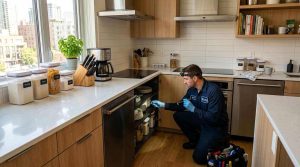 A modern urban kitchen being professionally inspected for pests